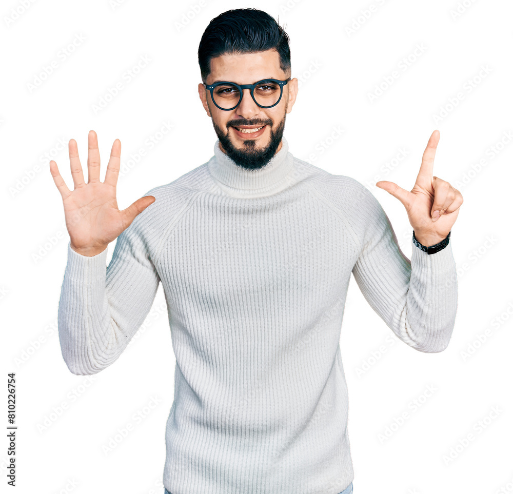 Young arab man with beard wearing elegant turtleneck sweater and glasses showing and pointing up with fingers number seven while smiling confident and happy. Young arab man with beard wearing elegant turtleneck sweater and glasses showing and pointing up with fingers number seven while smiling confident and happy.