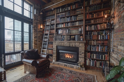 Loft Library with Industrial Accents: Floor-to-ceiling bookshelves, rolling library ladder, leather armchair, exposed brick fireplace photo