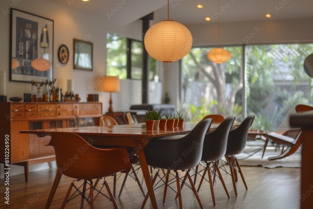 Mid-Century Modern Dining Room: Retro furnishings, Eames chairs, teak dining table, atomic-era lighting, vintage bar cart