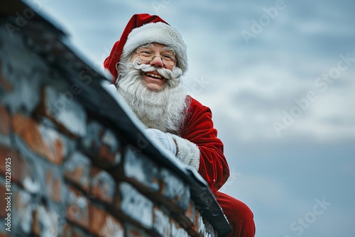 Santa Claus stuck halfway in the entrance of a chimney atop a house, his cheerful expression contrasting with his predicament photo