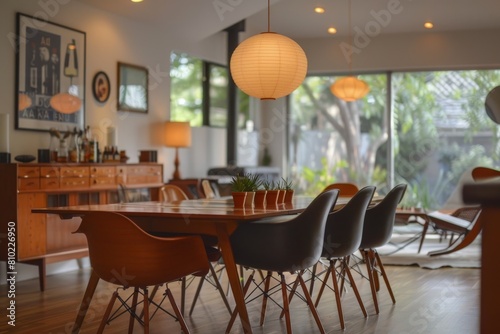 Mid-Century Modern Dining Room: Retro furnishings, Eames chairs, teak dining table, atomic-era lighting, vintage bar cart