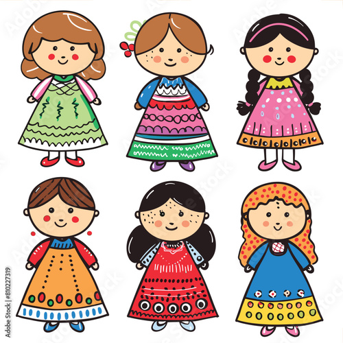 Six cartoon character girls smiling, standing, diverse dresses colorful. Childrens book vectored multicultural dolls collection friendly faces. Girls playful figures, various hairstyles, cheerful