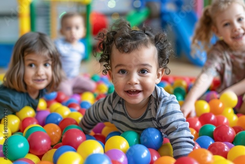 Happy children playing in a colorful ball pit at a daycare