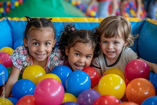 Happy children playing in a colorful ball pit at a daycare