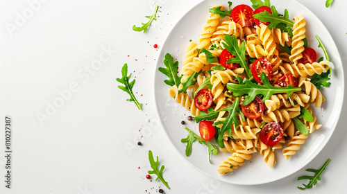 Plate of tasty pasta salad with tomatoes and arugula o