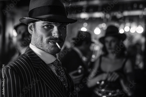 From the Roaring Twenties, a dapper man in a pinstripe suit and fedora, smoking a cigarette in a jazz-filled speakeasy, surrounded by flappers and gangsters photo