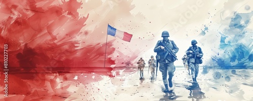 D-Day Invasion in Abstract War Painting, Soldiers in Combat and Artistic Interpretation, Historical Event Tribute