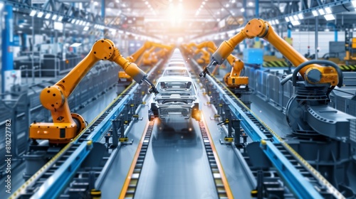 High-tech automotive assembly line featuring robotic arms assembling a car.