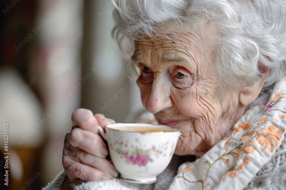 Comforting Elderly Woman Enjoying Tea Time Comforting Elderly Woman Enjoying Tea Time