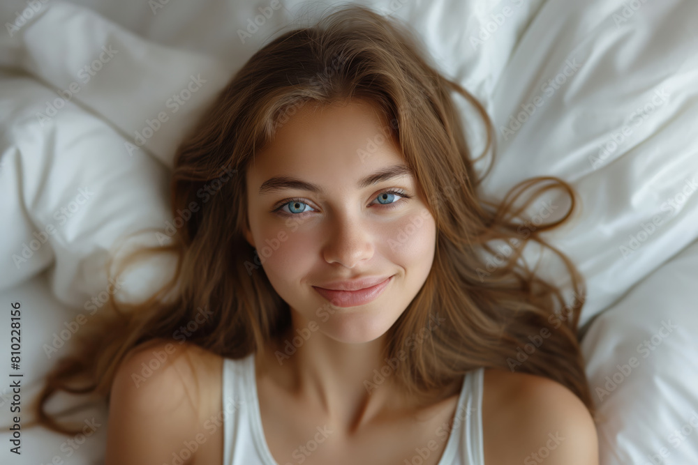 Young woman smiling in bed with serene morning light Young woman smiling in bed with serene morning light