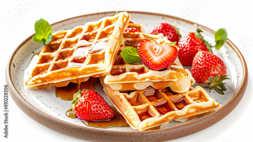 Plate of tasty waffles with strawberries and maple syr