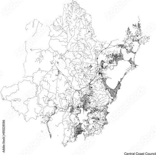 Street map of Central Coast Council in Australia in black and white with title