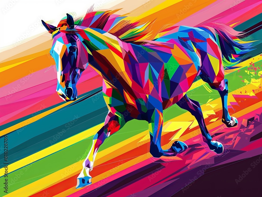 Obraz premium Experience the vibrant energy of a colorful horse in full gallop, isolated against a background in this striking vector illustration. With a polygon geometric pattern in pop art style