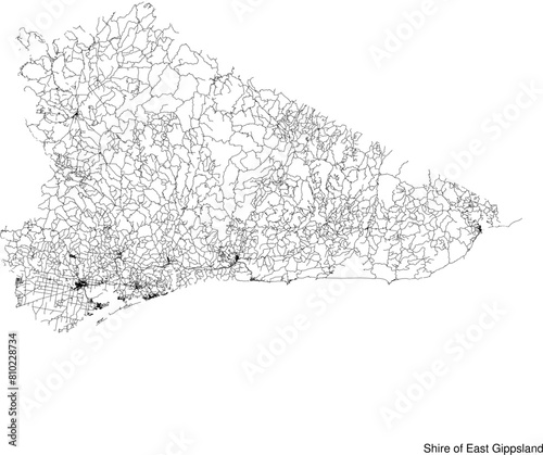 Street map of Shire of East Gippsland in Australia in black and white with title