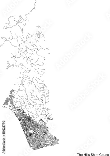 Street map of The Hills Shire Council in Australia in black and white with title
