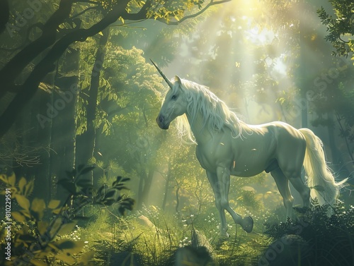 Enter the enchanting realm of a magical forest where a beautiful unicorn roams freely  captured in a captivating digital illustration