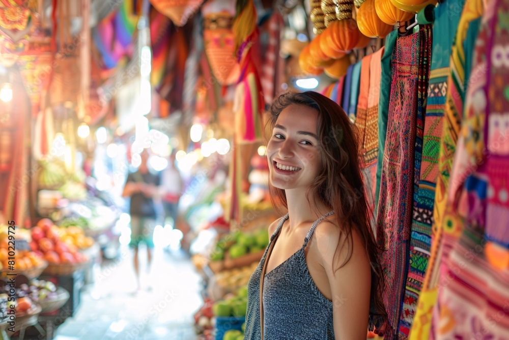 A young woman joyfully exploring a vibrant marketplace, surrounded by exotic fruits and colorful fabrics, the market scene softly blurred