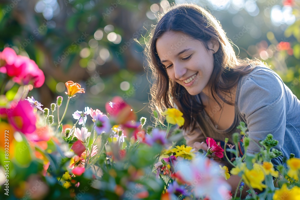 Naklejka premium A young woman happily tending to a colorful garden filled with blooming flowers, the scenery softly blurred