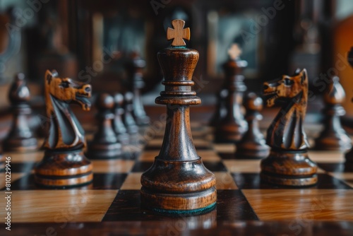 Chess Strategy Game with Closeup of King Piece on Wooden Chessboard, Intellectual Challenge and Focus