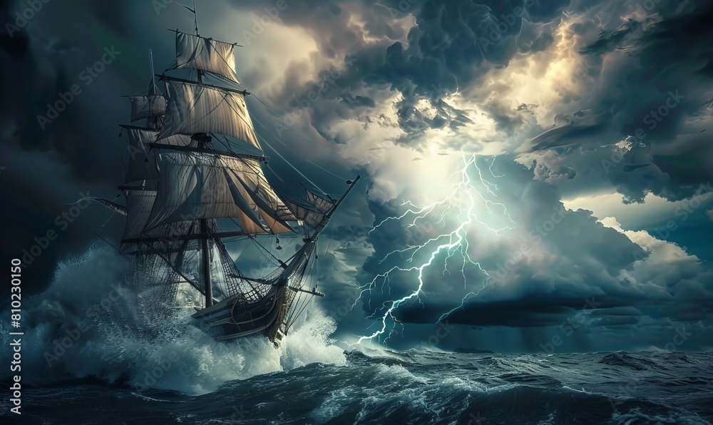 Obraz premium Capture the drama of a sailing old ship battling through stormy seas, set against a backdrop of turbulent clouds pierced by lightning