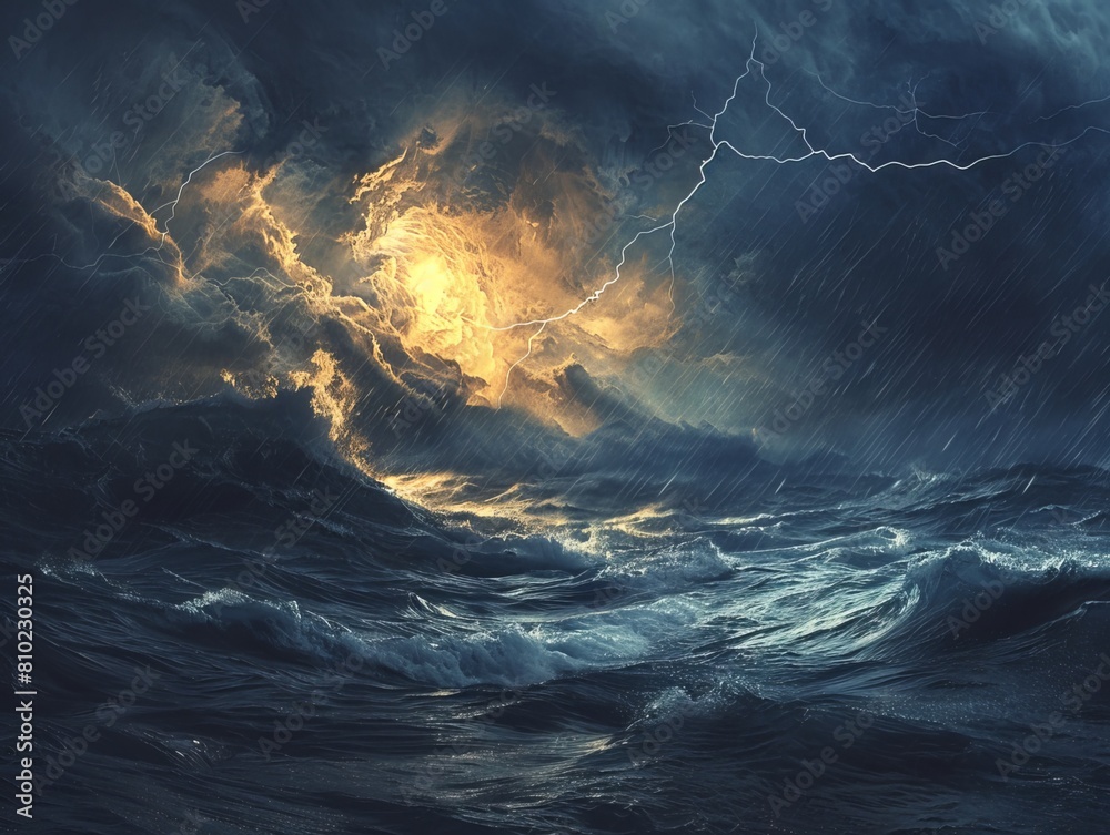 Immerse yourself in the intensity of a dark ocean storm raging under the cover of night, where crashing waves meet brilliant flashes of lightning