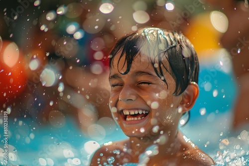A young boy joyfully splashing in a colorful swimming pool, surrounded by the laughter of friends, the pool scene softly blurred
