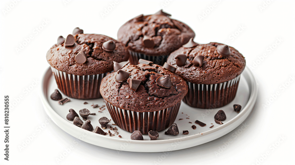 Plate with delicious chocolate muffins isolated on white
