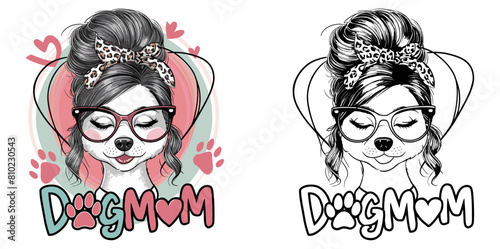 dog mom 2024 mother day motherhood vector design, messy bun hair dog mom