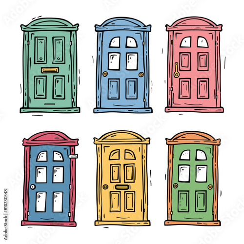 Colorful doors set handdrawn, green, blue, red, pink, yellow, orange. Vintage wooden door designs cartoon style isolated white background. Quirky doodle colorful front doors, architectural elements