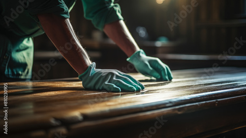 Diligent hands polish surfaces  as a house cleaner meticulously wipes away dust  bringing a gleam to furniture and spaces