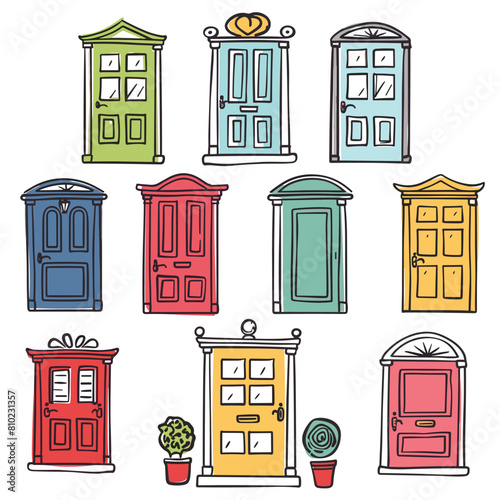 Colorful vector illustration various front doors representing different house entrances. Nine unique designs doors, colorful, outline style, plants nearby. Handdrawn cartoon doors collection, bright