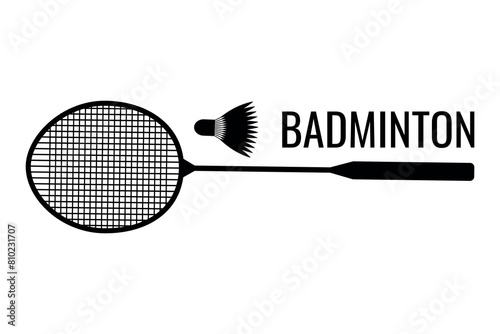 Black badminton racket and black shuttlecock silhouette. Flat vector illustration isolated on white background.