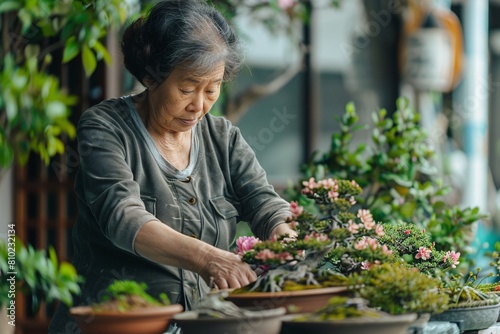 A middle-aged woman peacefully tending to her bonsai garden on a tranquil balcony, surrounded by the scent of blooming flowers, the scene softly blurred