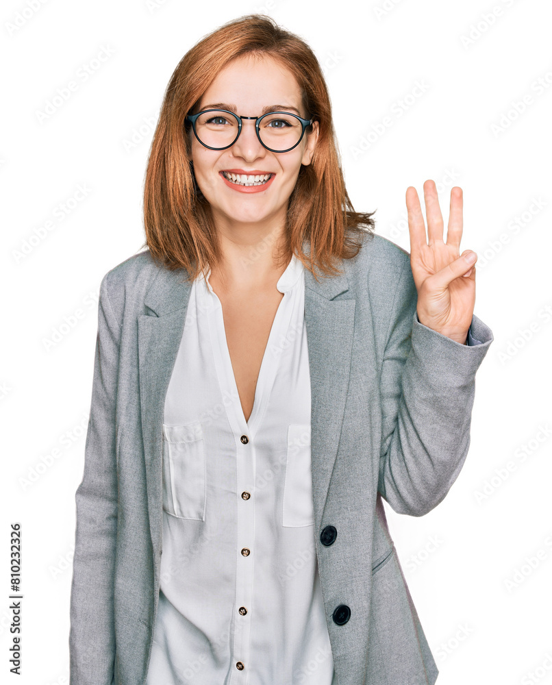 Young caucasian woman wearing business style and glasses showing and pointing up with fingers number three while smiling confident and happy. Young caucasian woman wearing business style and glasses showing and pointing up with fingers number three while smiling confident and happy.