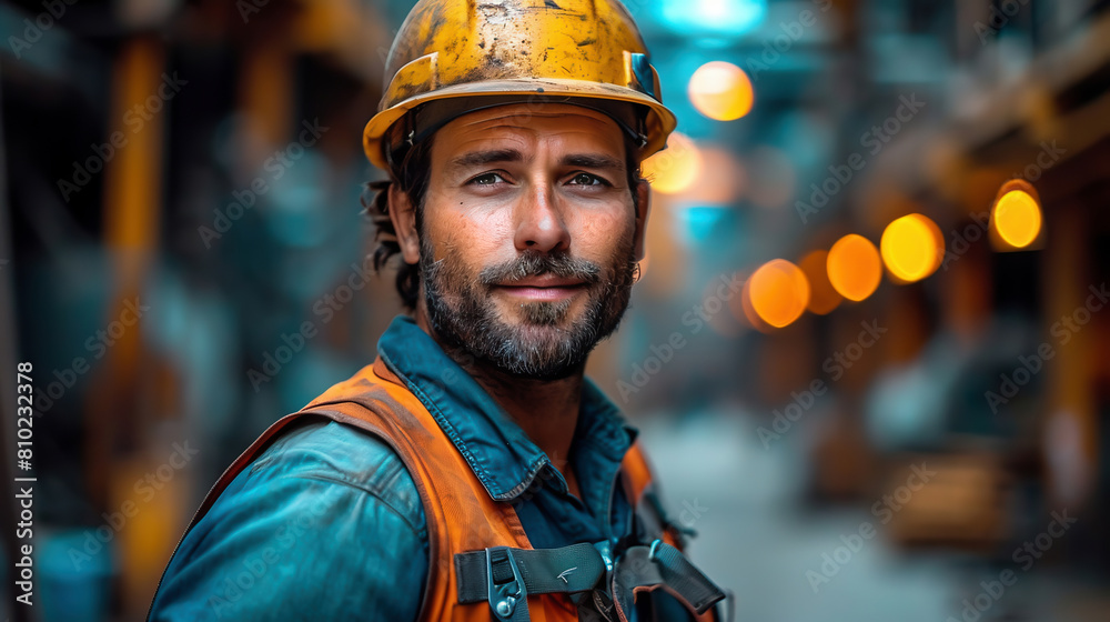 Construction worker wearing a yellow safety helmet Construction worker wearing a yellow safety helmet