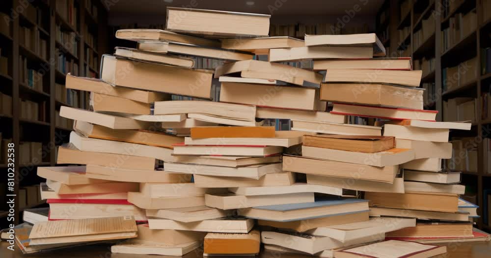 Books Pile Build Stop Motion Loop in Library wide room