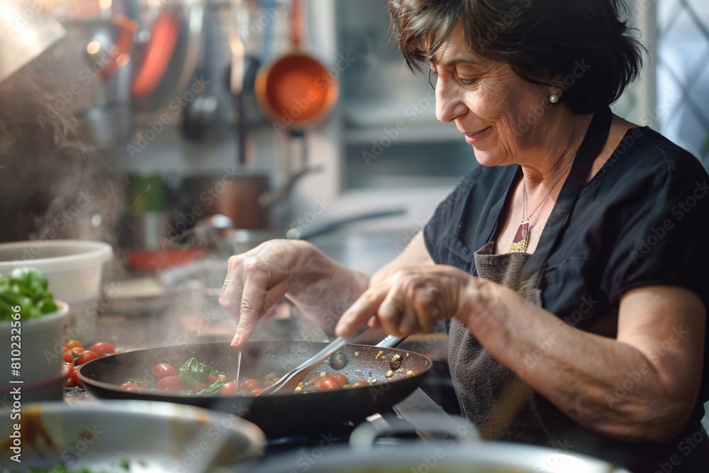 A middle-aged woman contentedly cooking a homemade meal in her kitchen, surrounded by the aroma of spices and the sizzle of food in the pan, the scene softly blurred