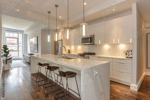 Minimalist Kitchen: White cabinets, quartz countertops, stainless steel appliances, minimalist bar stools, pendant lights