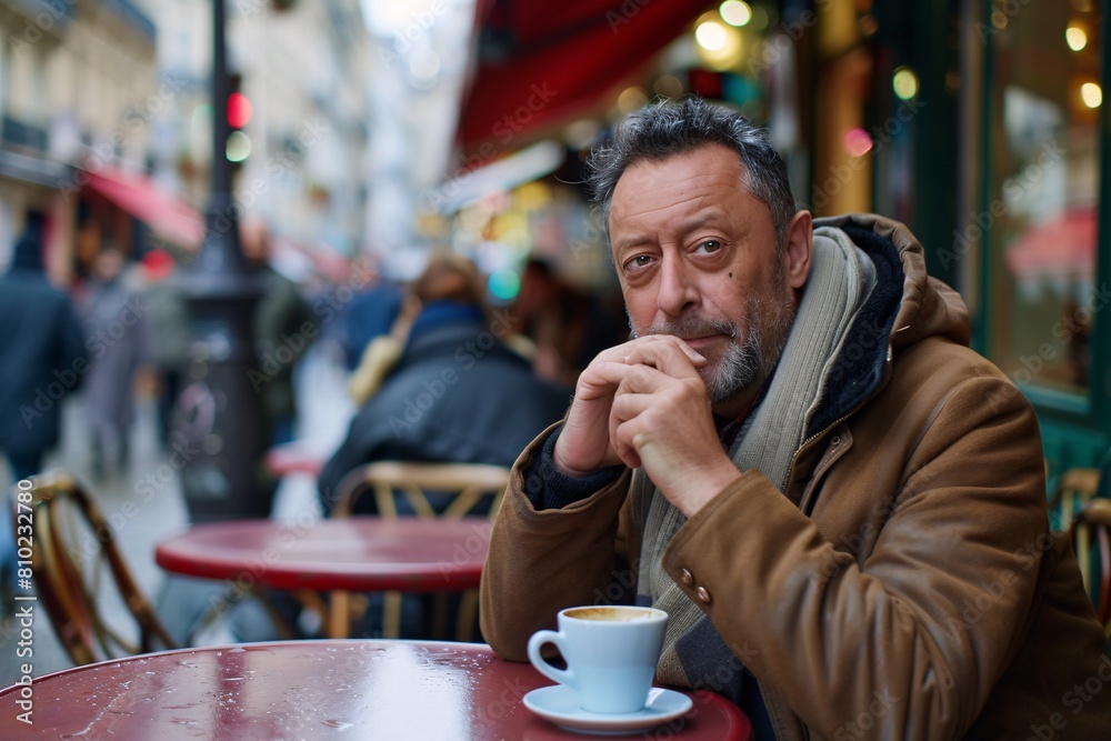 A middle-aged man contentedly sipping coffee at a colorful café terrace, surrounded by bustling city life, the café scene softly blurred
