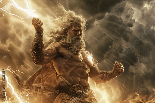 Zeus in action, casting a thunderous lightning bolt with godlike strength, framed by ominous clouds and flashes of light, capturing the intensity and power of the mythical moment