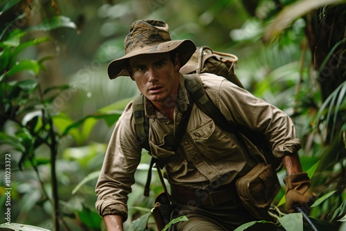 A daring adventurer forging a path through dense jungle with a machete, showcasing courage and perseverance