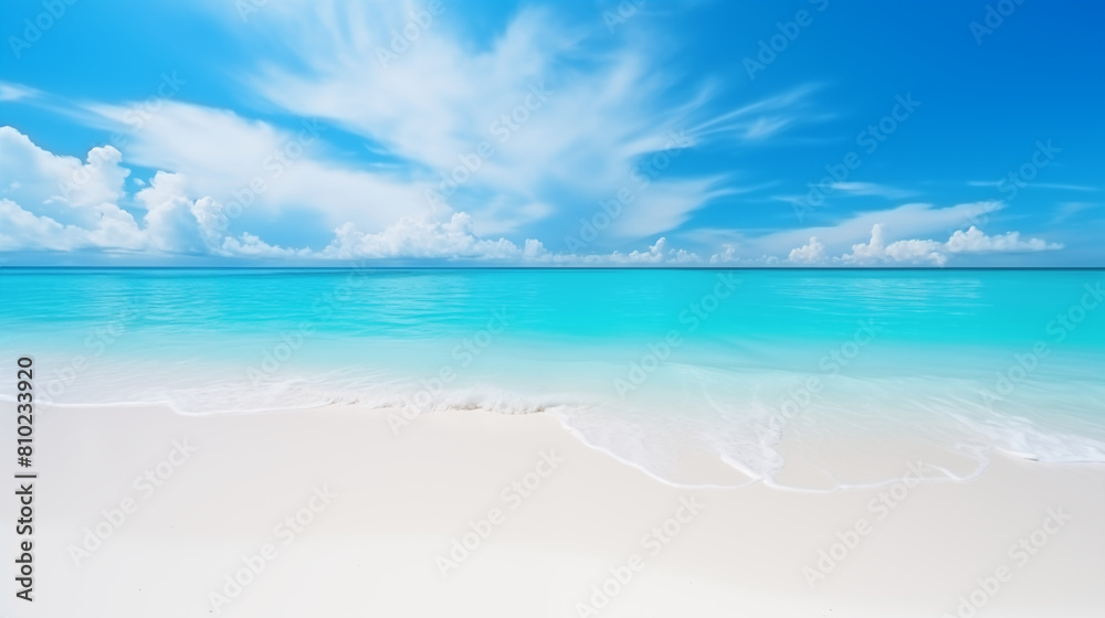 Pristine Tropical Beach with White Sand and Clear Turquoise Water under a Vibrant Blue Sky
