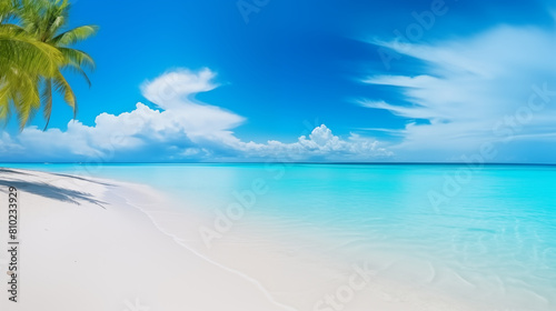 Pristine Tropical Beach with White Sand and Clear Turquoise Water under a Vibrant Blue Sky 