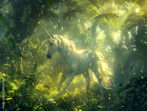 Enter the enchanting realm of a magical forest where a beautiful unicorn roams freely, captured in a captivating digital illustration