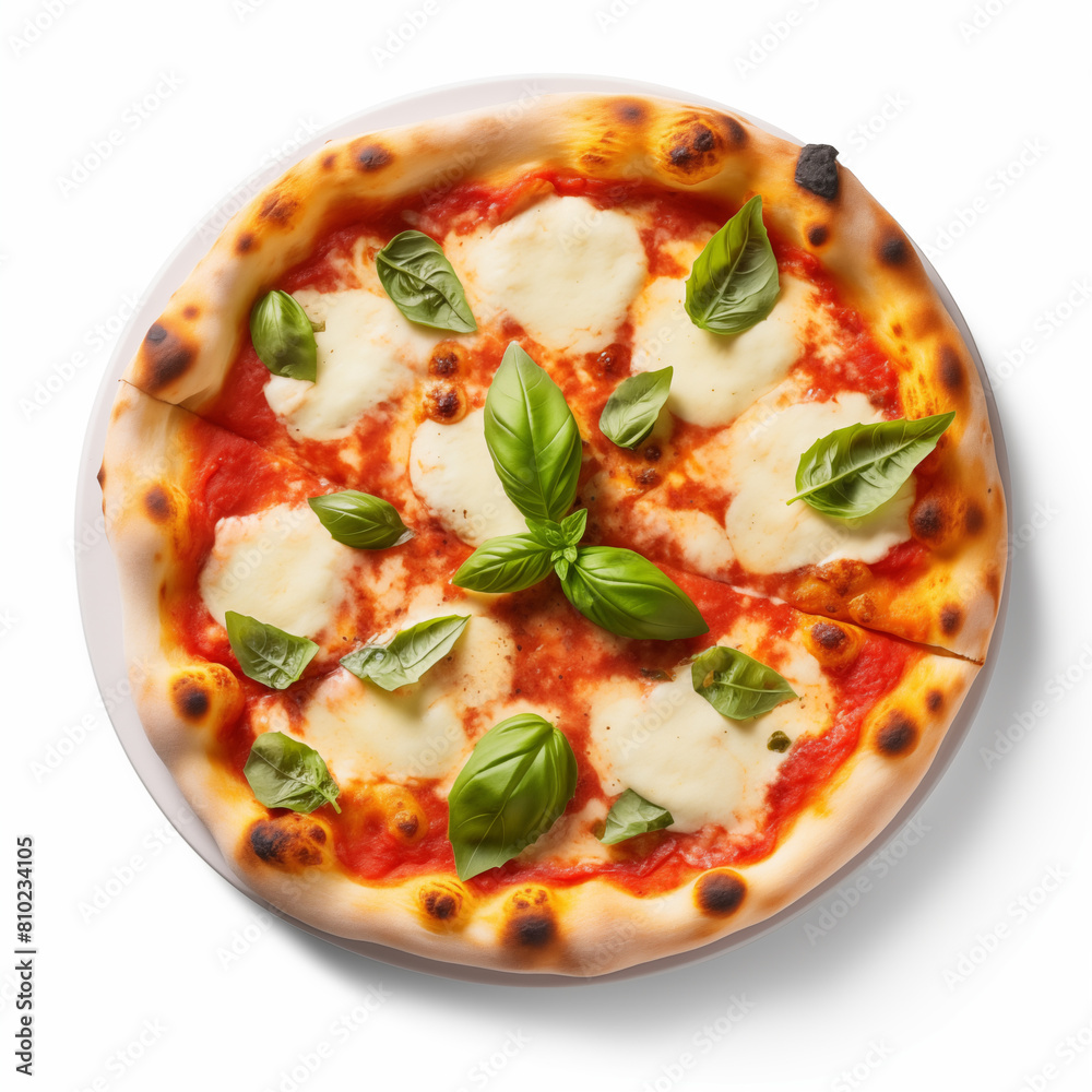 Authentic margherita pizza with fresh mozzarella, tomato sauce, and basil leaves on a white background Authentic margherita pizza with fresh mozzarella, tomato sauce, and basil leaves on a white background