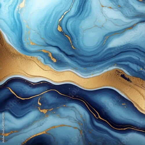 Abstract blue marble background with golden veins, painted artificial marbled surface, stone texture, liquid paint, gold foil and glitter decor, fashion marbling illustration background.