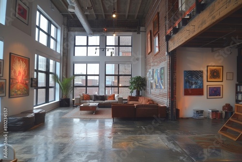 Minimalist Loft Studio: Open layout, modular furniture, concrete floors, steel-framed windows, industrial-inspired artwork