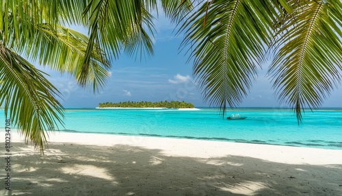 view through palm trees to a dream beach in the maldives with the turquoise blue waters of the ocean