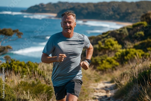 A middle-aged man contentedly jogging along a coastal trail, invigorated by the salty sea air and the panoramic ocean views