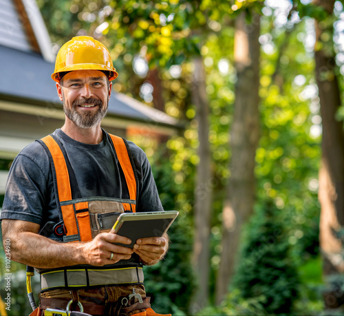 portrait of a smiling worker. Professional landscape arborist technician using a tablet on the outdoor job site, green service industry worker integrating with technology